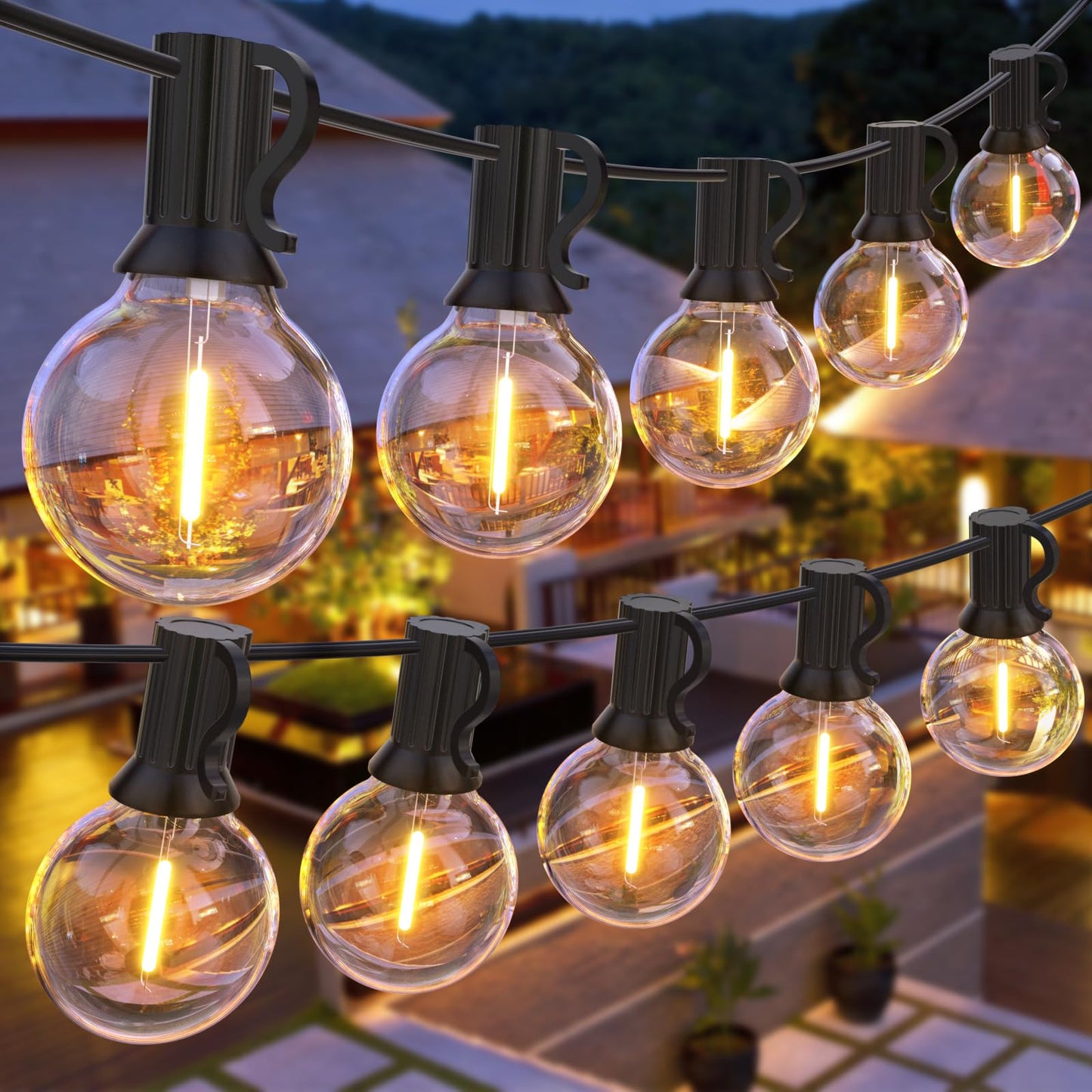 LED āra gaismas virtene GPATIO 30M ar kontaktdakšu, 50+2 G40 plastmasas spuldzes, silti balta gaisma, IP45, dārzam, terasei, kāzām un ballītēm