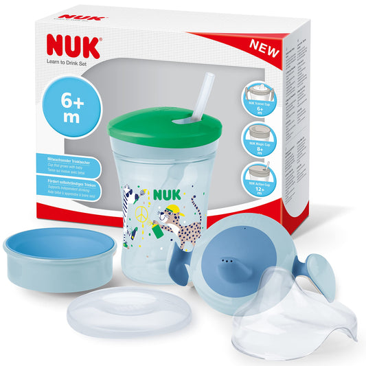 NUK 3-in-1 dzeršanas mācību komplekts ar Trainer Cup snīpja krūzīti, Magic Cup 360° krūzīti un Action Cup bērnu dzeršanas pudelīti, 230 ml, zaļš leopards