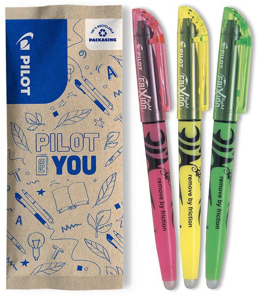 Teksta marķieru komplekts PILOT FriXion Light, 3 gab., dzēšami, neona dzeltens, neona rozā un zaļš, ķīļveida gals