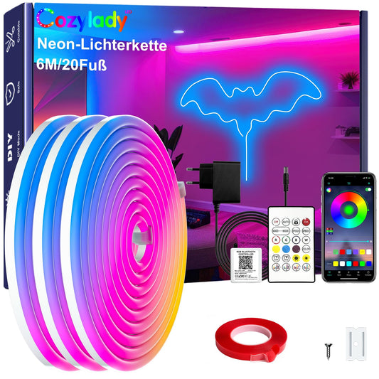 Neona LED lente Cozylady RGB ar tālvadības pulti, lietotnes vadību, ūdensizturīga elastīga RGB lenta, 24V LED neona lente guļamistabai un mājas interjera dekoram (6M)