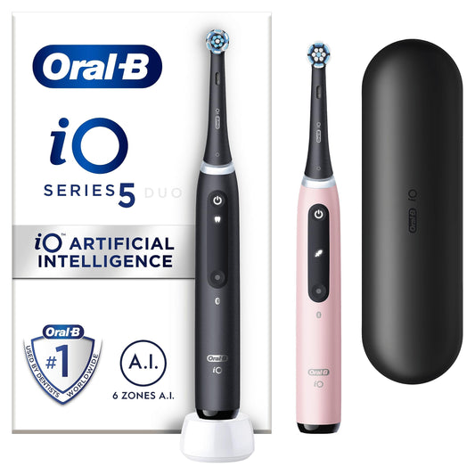 Oral-B iO5 elektriskā zobu birste pieaugušajiem, dāvanas sievietēm/vīriešiem, 2 rokturi, 2 zobu birstes galvas un 1 ceļojuma futrālis, 5 režīmi, zobu balināšana, UK 2-polu kontakts, melna un rozā