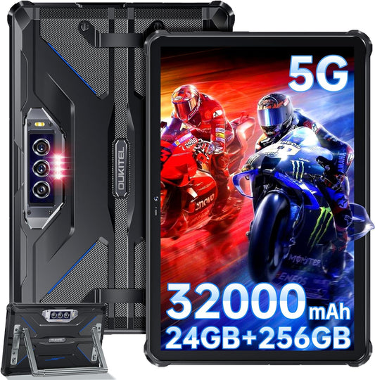 OBA Oukitel RT7 izturīgs planšetdators PC – 32000 mAh akumulators, 24 (12 + 12) GB + 256 GB izturīgs, Android 13 MT6853, 48 MP + 32 MP, 10,1 collas FHD+, divkāršs 5G LTE/OTG/GPS/Face ID, melns