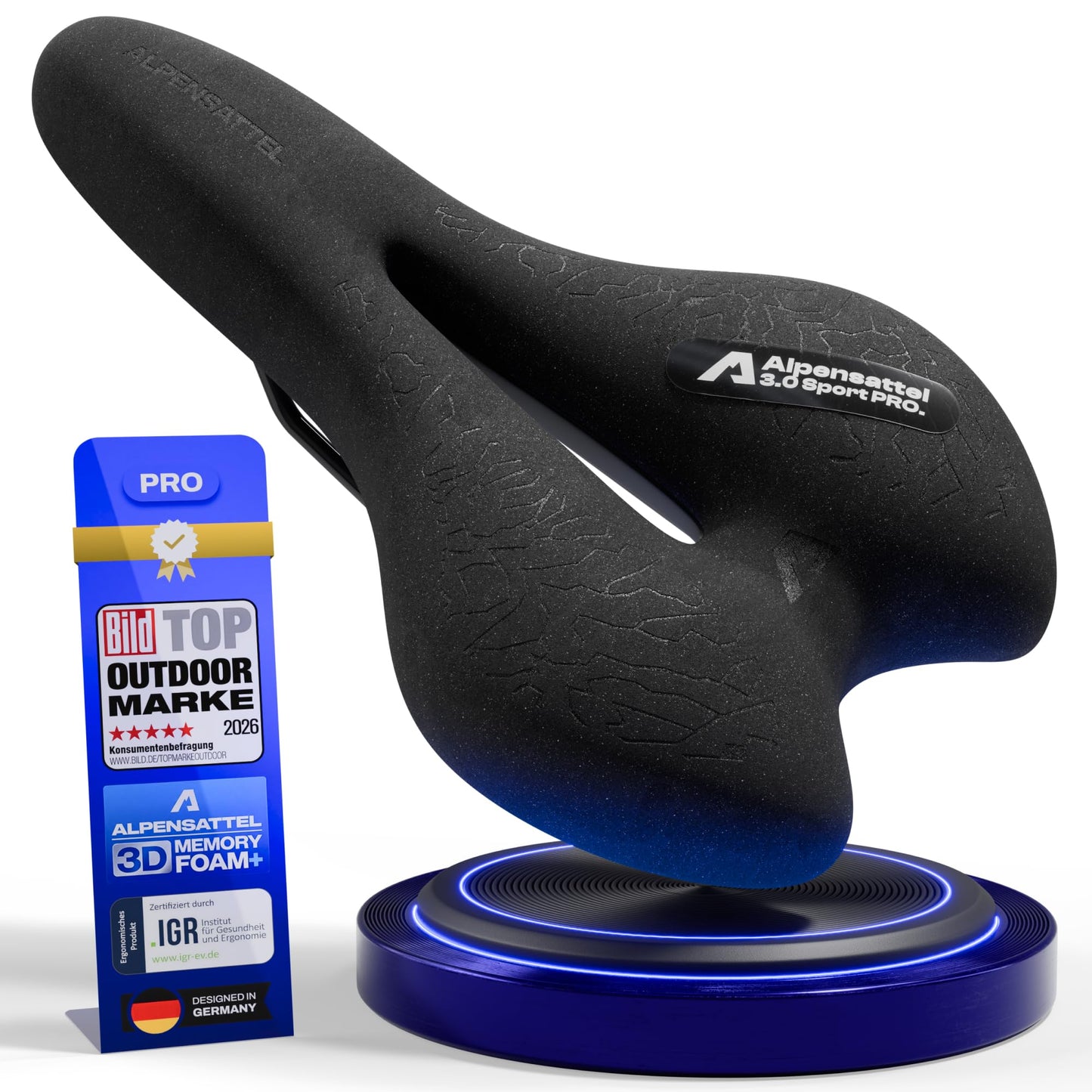 Velosipēda sēdeklis ALPENSATTEL® Sport PRO [3D Memory Foam] – ergonomisks sēdeklis sievietēm un vīriešiem, elpojošs materiāls optimālai spiediena sadalei, universāls stiprinājums