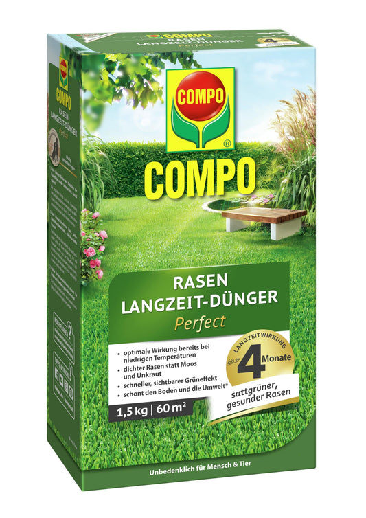 Zāliena mēslojums COMPO ar ilgstošu iedarbību - bez izredzēm sūnām un nezālēm – 1,5 kg 60 m² - COMPO Rasen Langzeit-Dünger Perfect