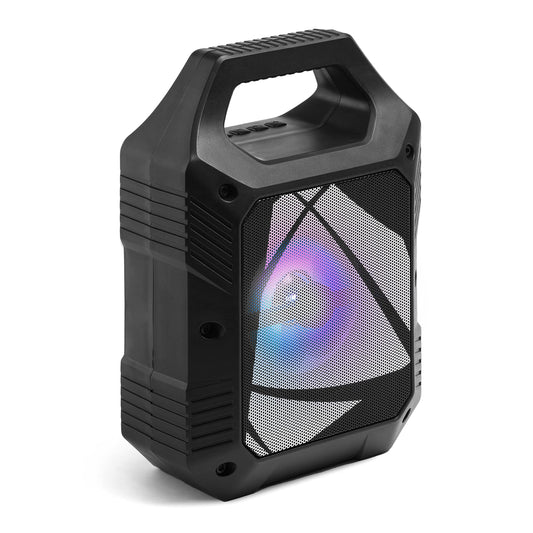 Mūzika Skaņa | Skaļrunis Ballītei | Pārnēsājamais mini Bluetooth skaļrunis ar daudzkrāsainu LED gaismu – 5 vatu jauda – Bluetooth savienojums, USB zibatmiņa, Micro-SD karte, AUX kabelis – 7h autonomija – Melns