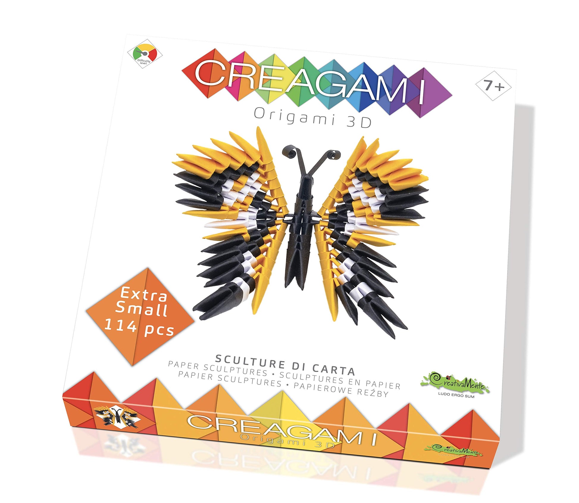 CreativaMente Creagami 3178753 - 3D origami butterfly paper sculpture kit for ages 7+, 114 pieces, medium, white.