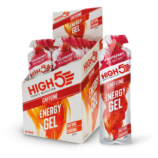 HIGH5 kofeīna enerģijas želeja skriešanai un izturības sportam ar aveņu garšu, 20 x 40g