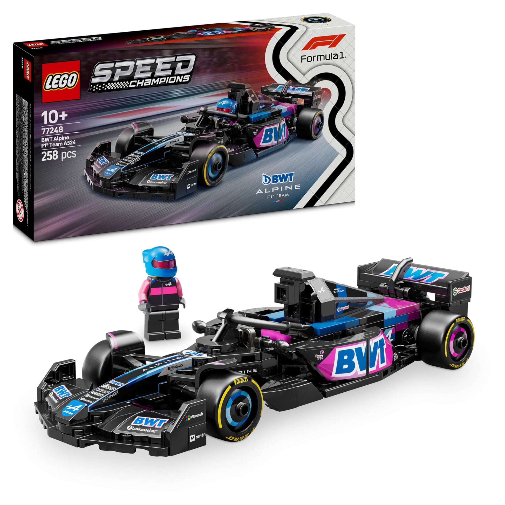 LEGO Speed Champions BWT Alpine F1 Team A524 - Formula 1 race car toy with collectible minifigure, ideal gift for ages 10+.