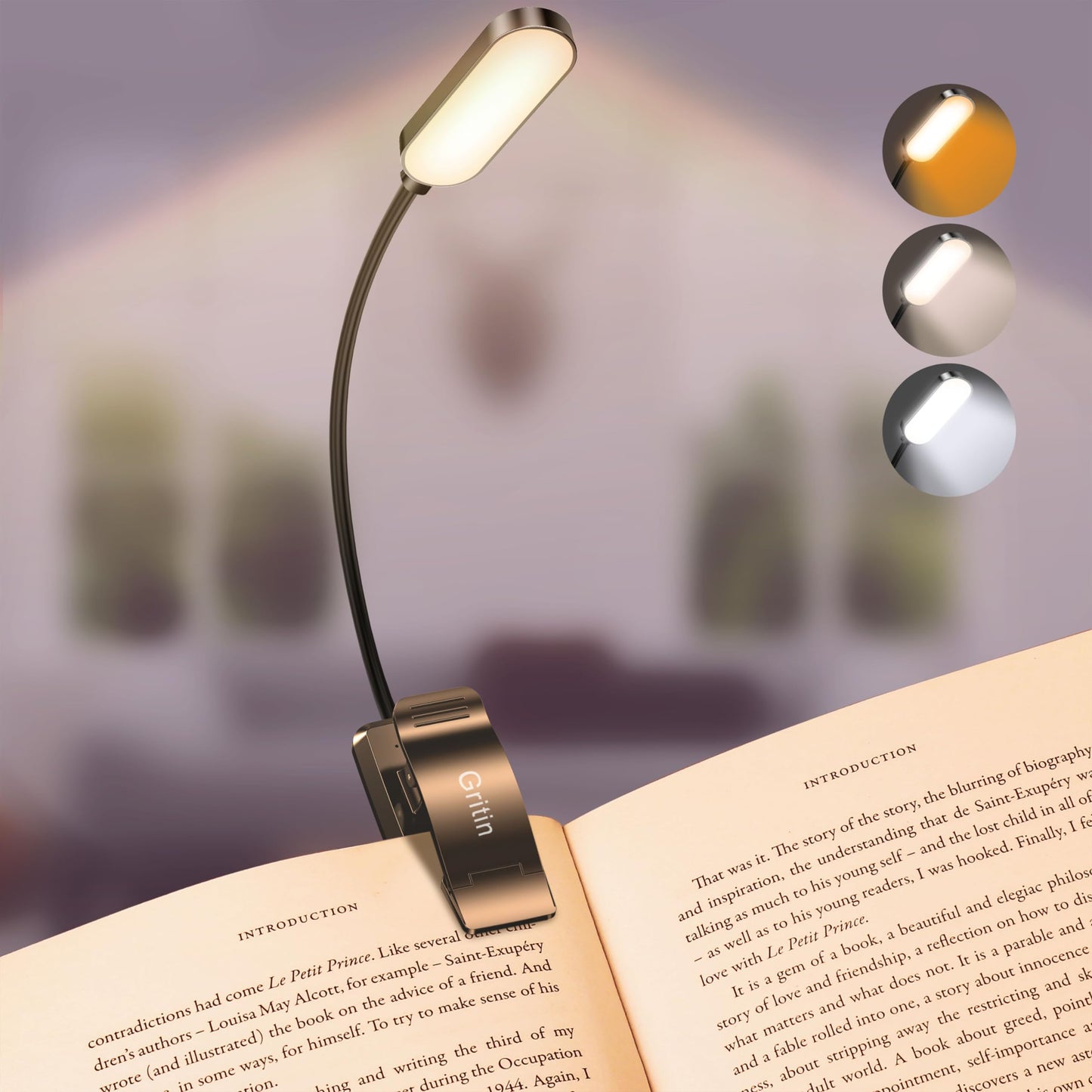 Gritin grāmatu lasāmlampa ar klipsi, USB C uzlādējama grāmatu lampa ar 16 LED