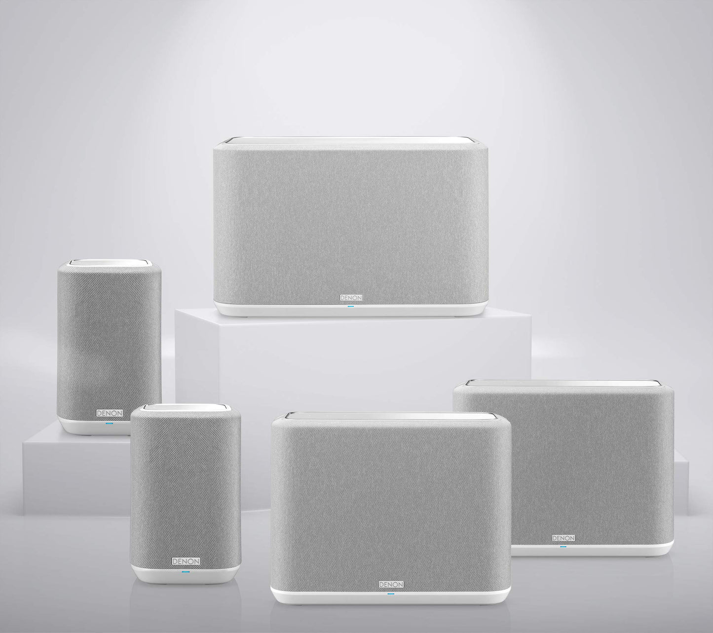 Denon Home Multiroom skaļruņu komplekts, mājas pakete 4, HiFi skaļruņi ar HEOS iebūvētu, WLAN, Bluetooth, AirPlay2, sastāv no 2x Denon Home 150, 2x Denon Home 250 un 1x Denon Home 350, balts