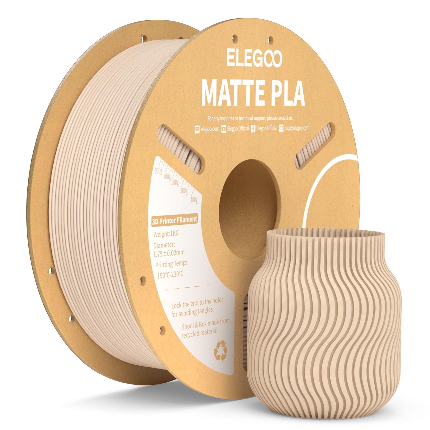 Matēts PLA pavediens ELEGOO 1.75mm Beige 1KG, PLA materiāls 3D printeriem