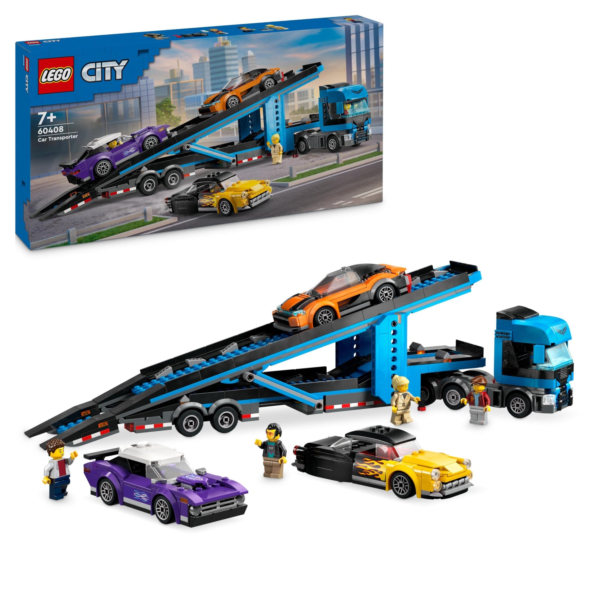LEGO City automašīnu transportētājs - komplekts ar 4 rotaļu automašīnām un 4 minifigūrām, ideāls dāvanām bērniem no 7 gadiem.