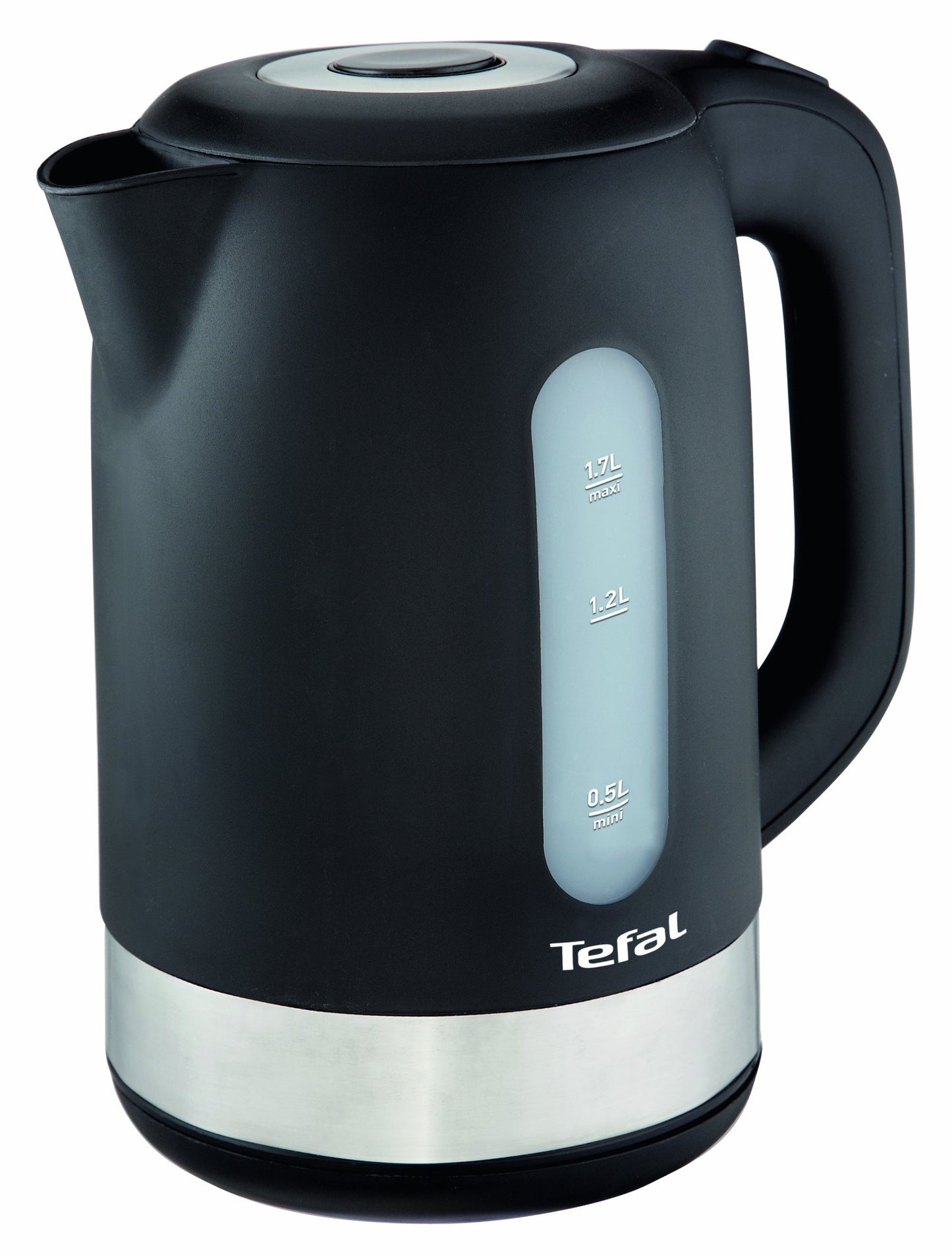 Tefal Snow KO3308 - 1.7L black plastic kettle with sleek design and fast boiling feature.