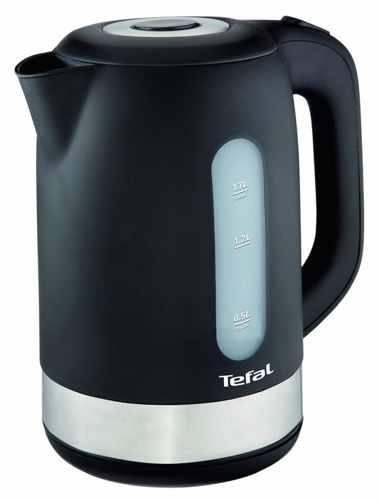 Tefal Snow KO3308 - 1.7L black plastic kettle with sleek design and fast boiling feature.
