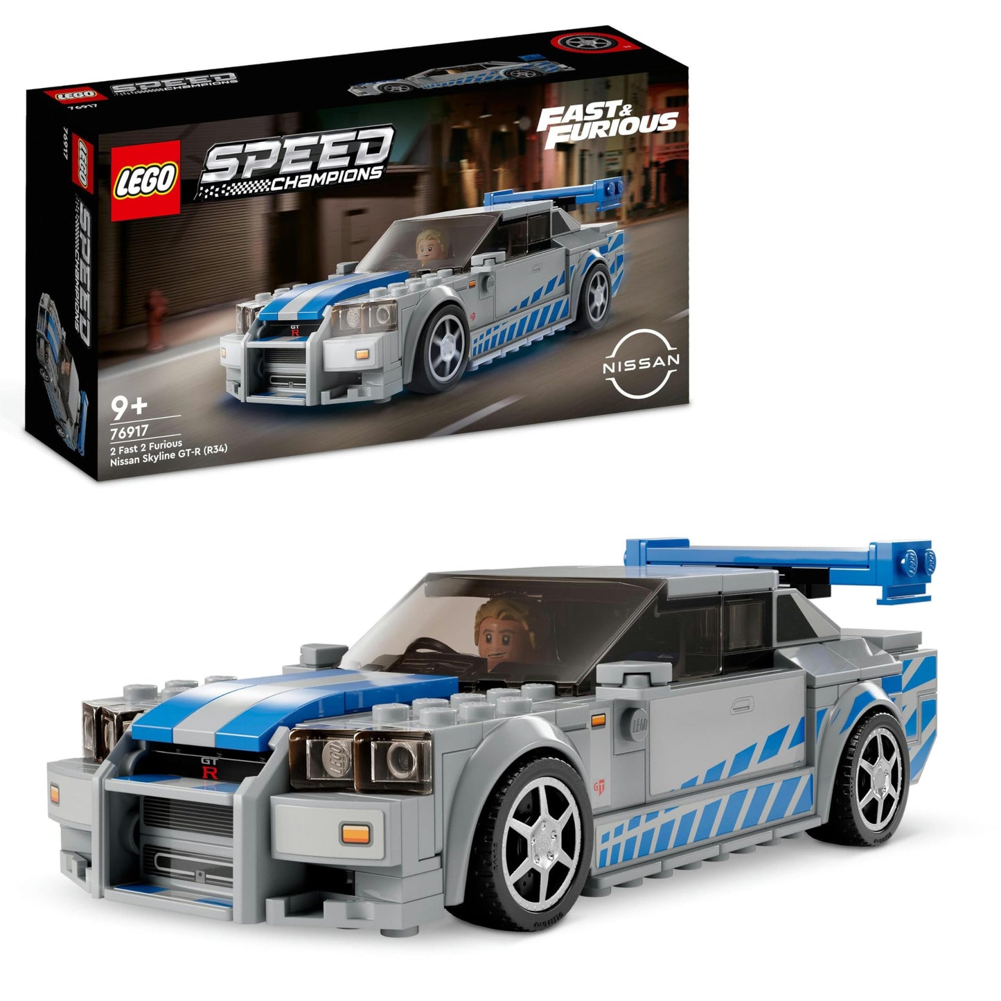 LEGO Speed Champions 2 Fast 2 Furious Nissan Skyline GT-R (R34) - 2023 model kit with Brian O'Conner minifigure, racing toy.