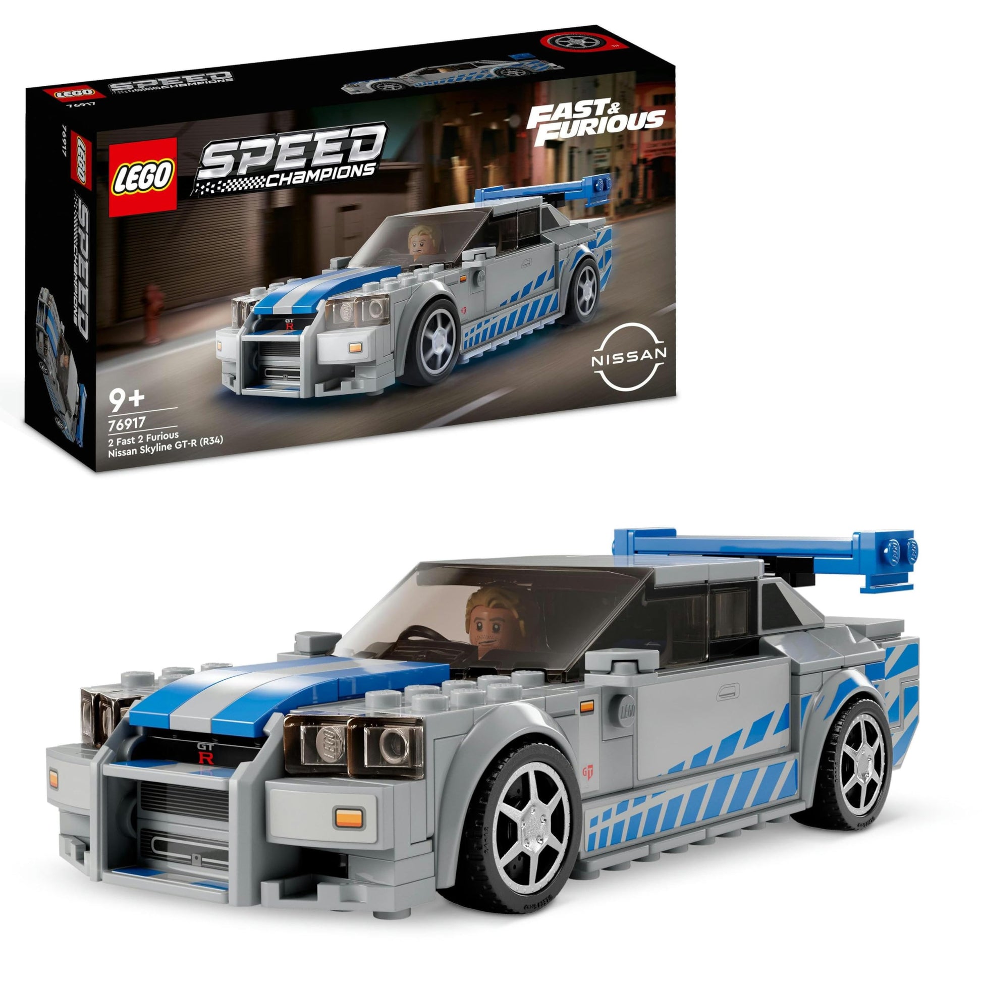 LEGO Speed Champions 2 Fast 2 Furious Nissan Skyline GT-R (R34) - 2023 model kit with Brian O'Conner minifigure, racing toy.