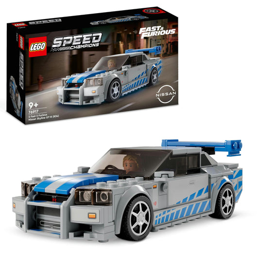LEGO Speed Champions 2 Fast 2 Furious Nissan Skyline GT-R (R34) - 2023 model kit with Brian O'Conner minifigure, racing toy.