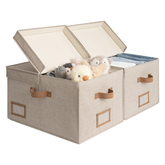 StorageWorks lielas apģērbu uzglabāšanas kastes, auduma kastes ar starpsienu, grozi drēbēm, veļas skapja organizators ar vāku, brūnas un bēšas krāsas maisījums, 2 gab.