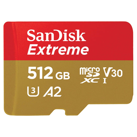 SanDisk 512 GB Extreme microSD UHS I karte 4K video viedtālruņiem, action kamerām un droniem, 190 MB/s lasīšana, 130 MB/s rakstīšana, SDSQXAV 512G GN6MN, sarkans/zelts
