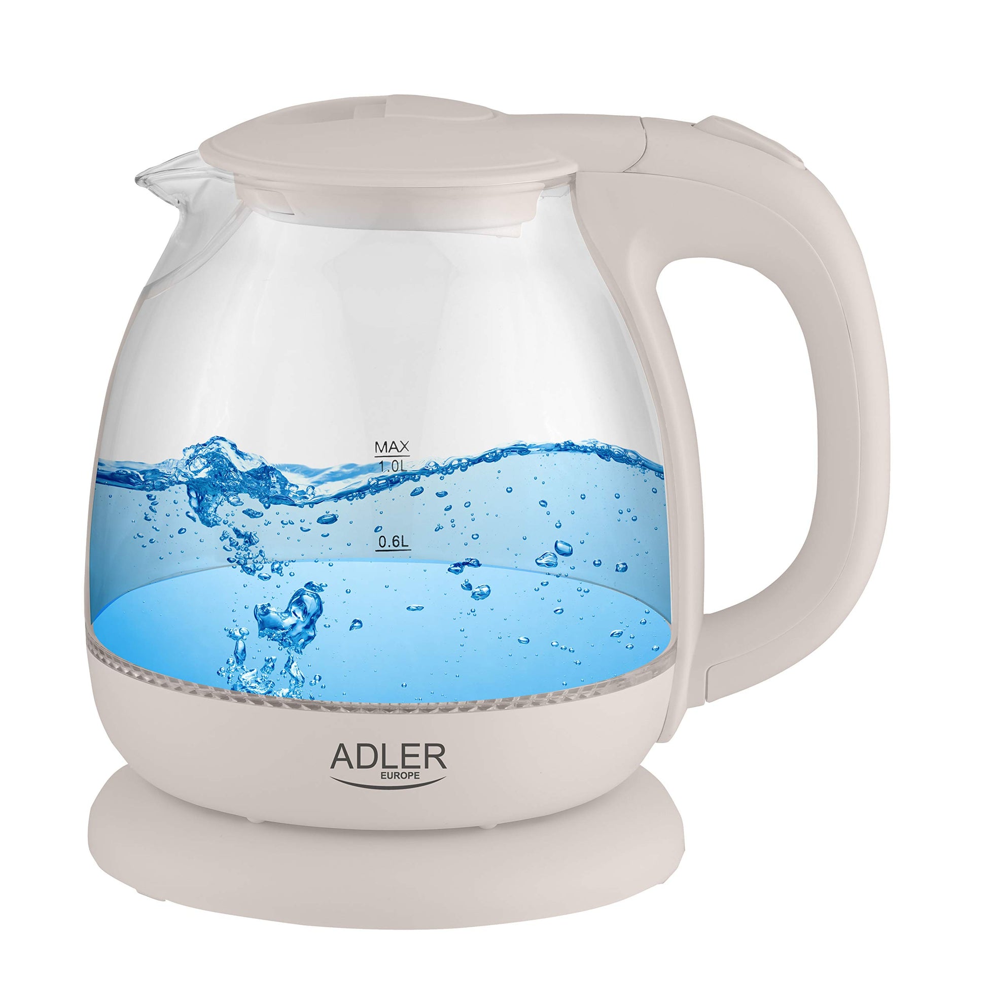 ADLER stikla ūdens vārītājs 1,0 l - ūdens līmeņa indikators, 1100 W jauda, krēma krāsā