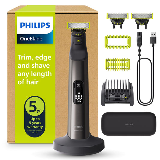 PHILIPS OneBlade Pro 360 Sejai un Ķermenim - elektriskais skuveklis, trimmeris un ķermeņa kopšanas ierīce, 3 x 360 asmeņi, precizitātes ķemme, 2x ķermeņa uzgaļi, ceļojumu soma, uzlādes stacija, sejai un ķermenim (QP6652/35)