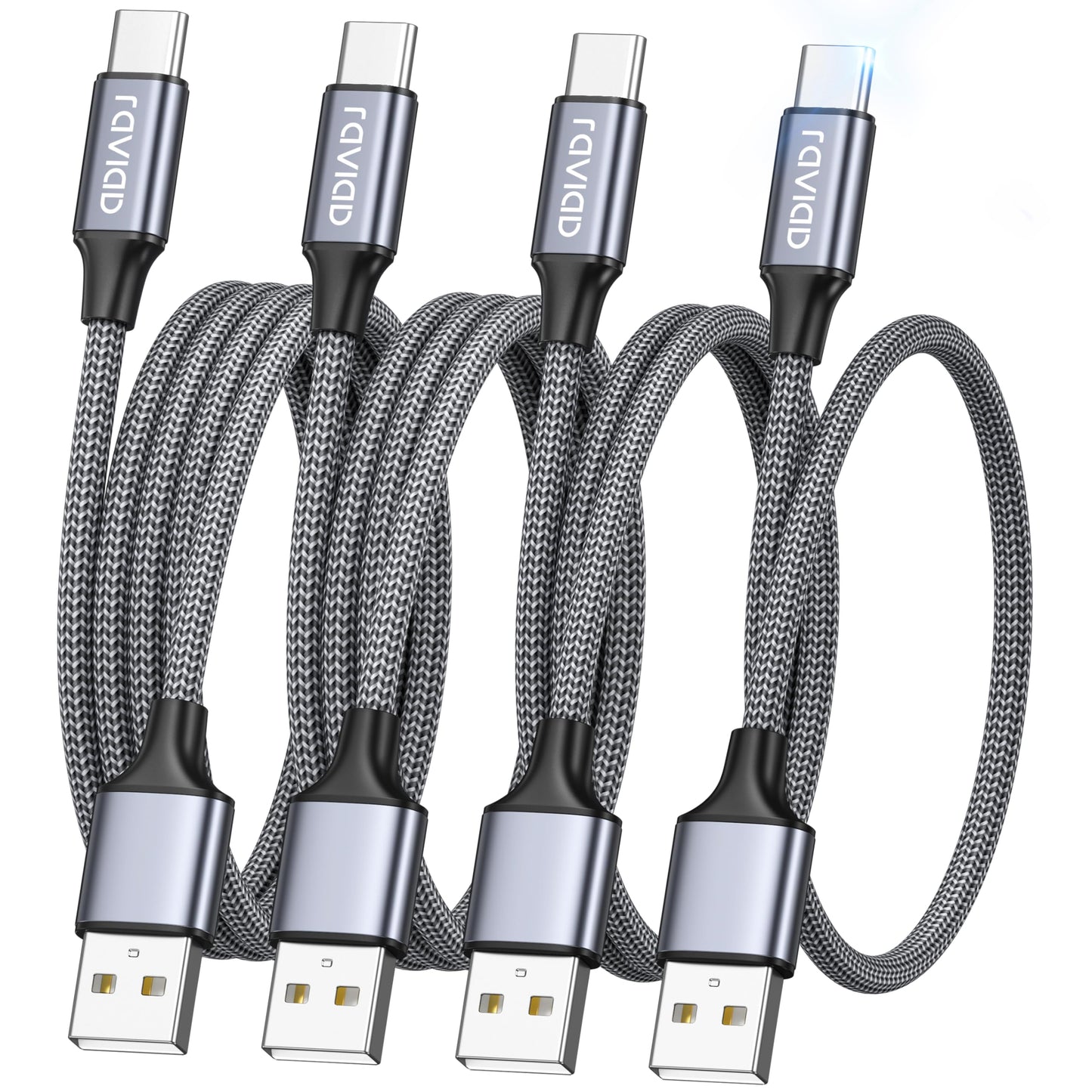 USB C kabelis RAVIAD [4 pack 0.5M 1M 2M 3M] 3.1A ātrās uzlādes kabelis, neilona USB C kabelis iPhone 15 Pro Max, Samsung Galaxy S24 S23 S22 S21 S20 Note 10, Huawei P60