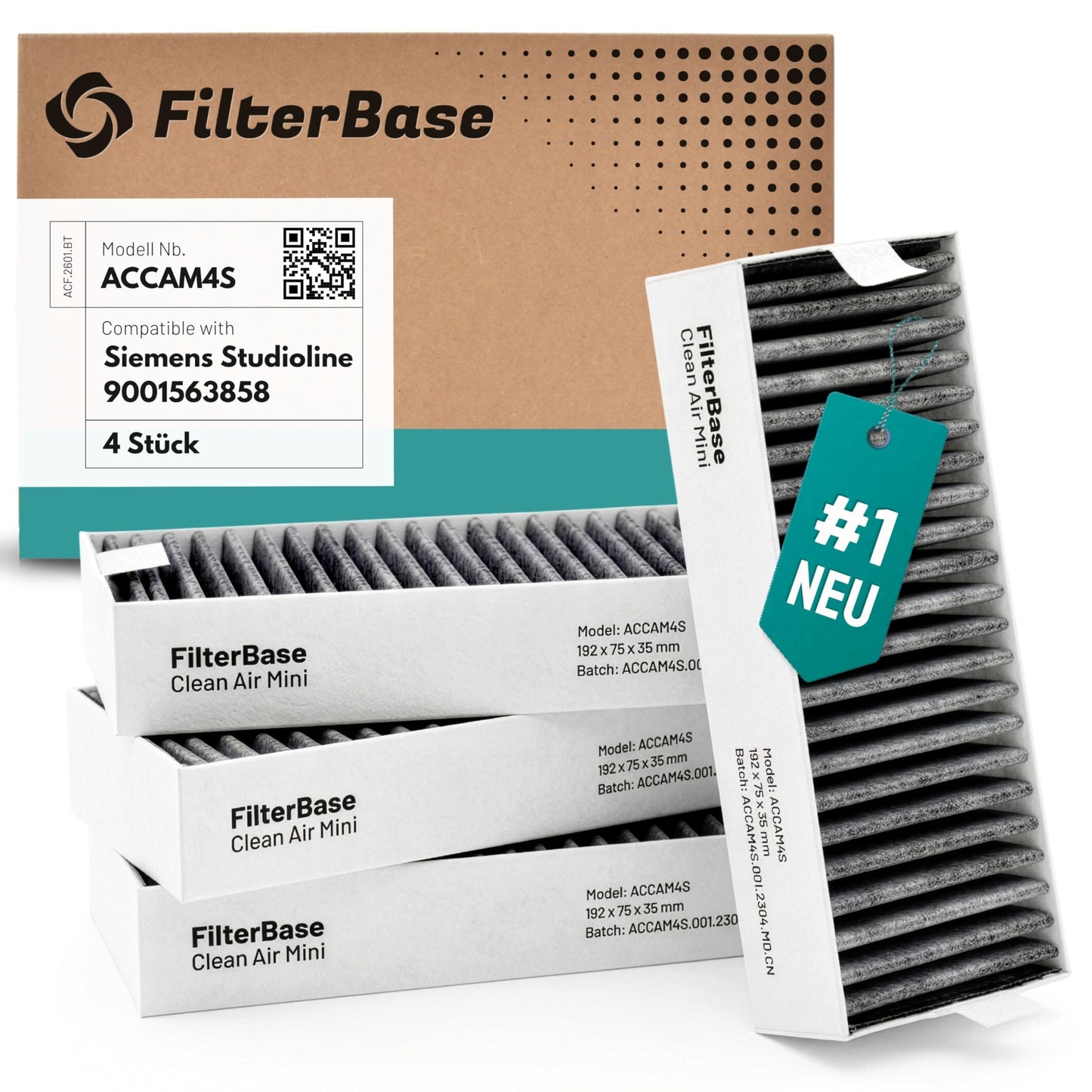 Aktīvās ogles filtrs FilterBase® 4 gab. komplekts, piemērots 9001421821 9001563858 / Siemens Studioline HZ9VRCR0 / Bosch HEZ9VRCR0 / Neff Z821VR0 / Gaggenau CA282111 / Constructa CZ9VRCR0 (195x75x35 mm)