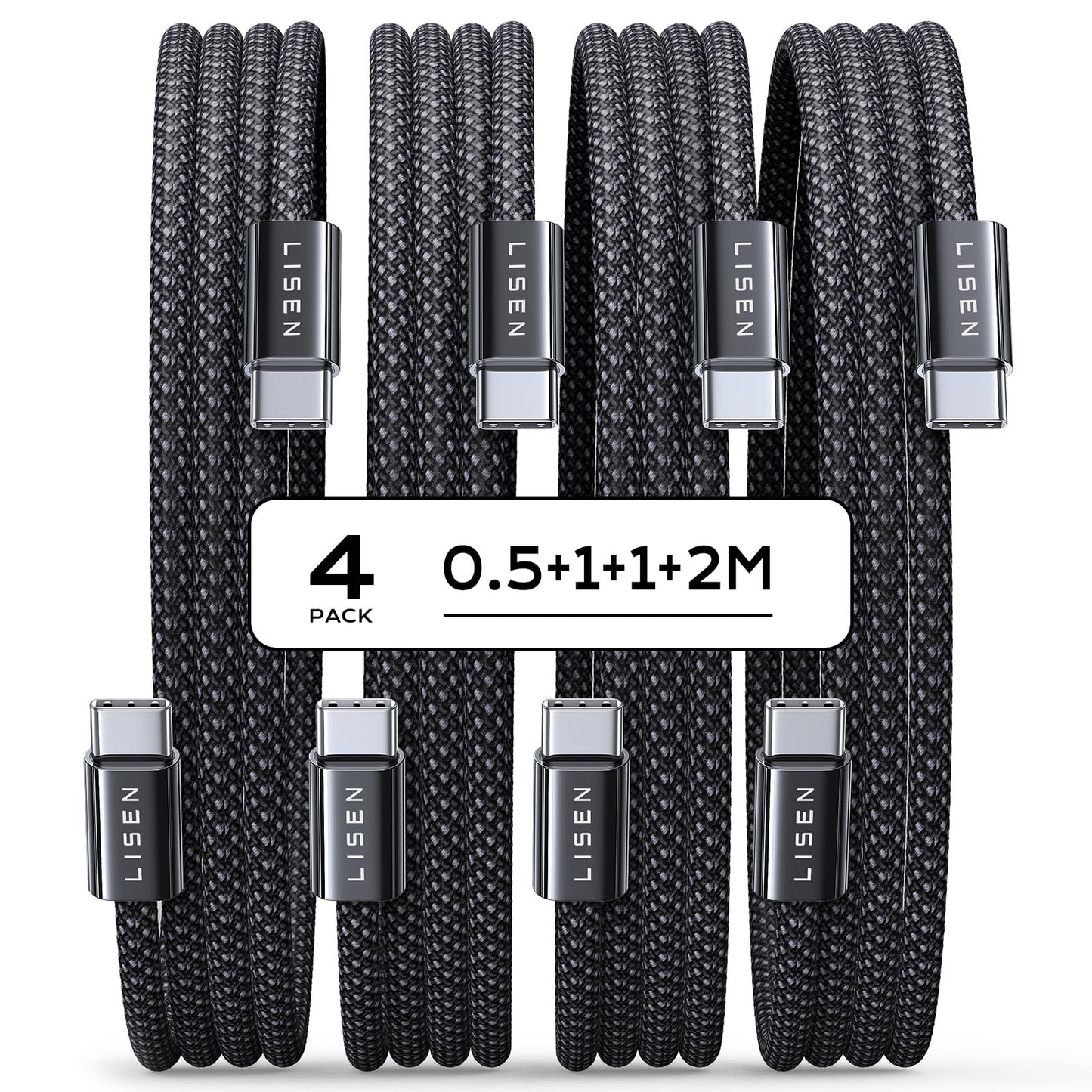 USB C kabelis LISEN 60W, [4 gab. komplekts, 0,5M 1M 1M 2M], USB C–USB C kabeļu komplekts