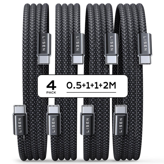 USB C kabelis LISEN 60W, [4 gab. komplekts, 0,5M 1M 1M 2M], USB C–USB C kabeļu komplekts