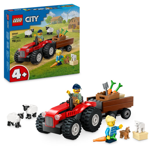 LEGO City traktors ar piekabi - saimniecības rotaļlieta ar dzīvnieku figūrām un 2 minifigūrām, piemērota bērniem no 4 gadu vecuma.