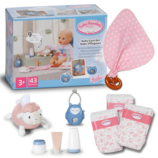 Leļļu mazuļa kopšanas komplekts Baby Annabell, 7 daļas, autiņbiksītes, salvešu dozators, rotaļu krēms un pudelītes, zobu riņķis un pūces rotaļlieta, 36cm un 43cm lellēm, no 3 gadiem