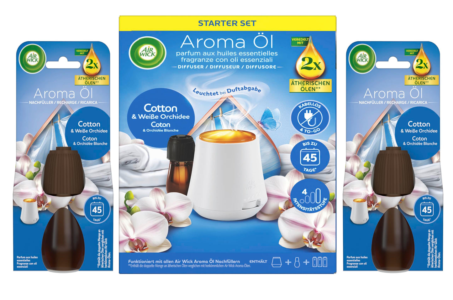 Aromātiskās eļļas difuzors Air Wick Aroma-Öl sākuma komplekts ar 3x20ml Cotton & White Orchid uzpildēm