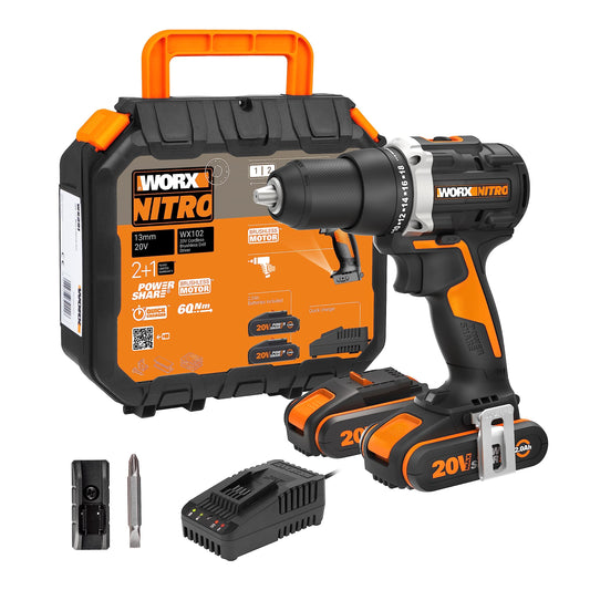 WORX WX102 NITRO 20V - bezsuku akumulatora urbjmašīna ar 2 ātrumiem, LED gaismu, 2 Li-Ion akumulatoriem un koferi.