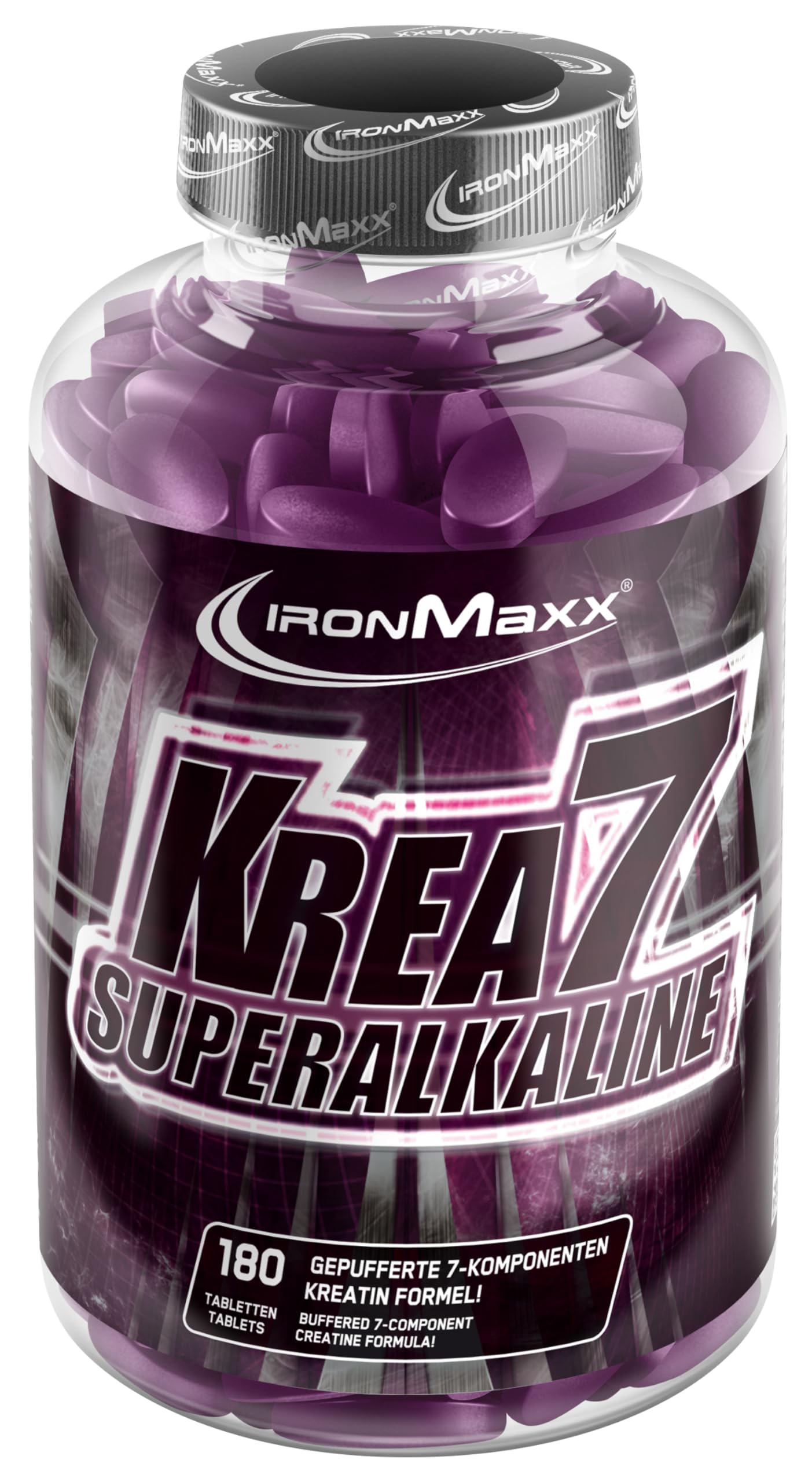 Kreatīna tabletes IronMaxx Krea7 Superalkaline 180 gab. - 1590mg kreatīna vienā tabletē, 7 komponentu formula, vegānisks un bez cukura