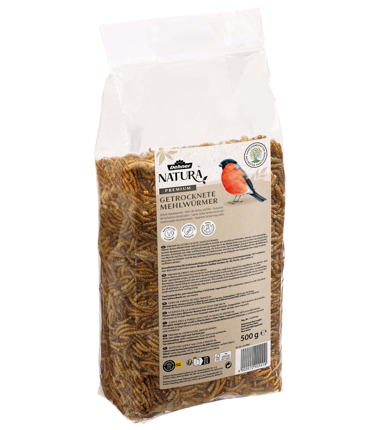 Žāvēti miltu tārpi savvaļas putniem Dehner Natura Premium, olbaltumvielām bagāta barība visam gadam, 500 g