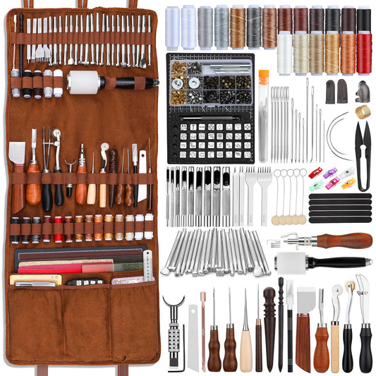 Ādas apstrādes instrumentu komplekts, Benlay, ar ādas somu, 52 perforatoriem un šūšanas piederumiem