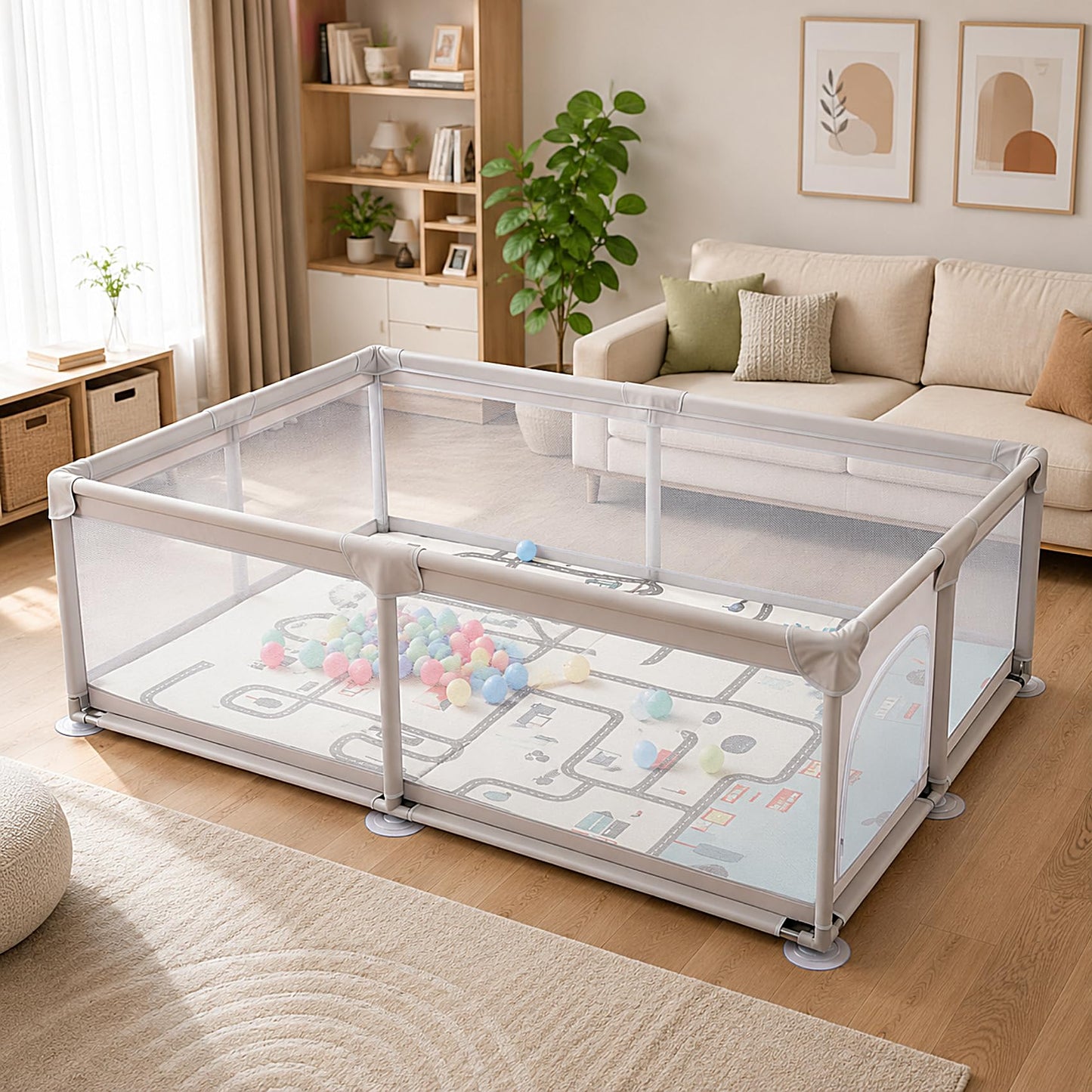 Bērnu sētiņa Truevaste ar matraci 120x180x65 cm, liela sētiņa 600D Oxford ar 50 bumbiņām, neslīdošām piesūcekņu kājiņām, rotaļu sētiņa 1–2 bērniem, viesistabai un rotaļu istabai