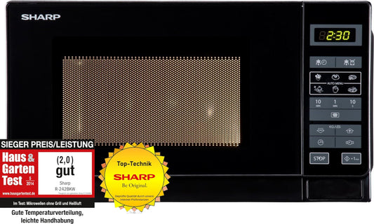 Sharp R242BKW Solo mikroviļņu krāsns / 20 L / 800 W / 5 jaudas līmeņi / 8 automātiskās programmas / svara un laika vadīta atkausēšana / bērnu drošības funkcija / enerģijas taupīšanas režīms / stikla griešanas plāksne (25,5 cm) / melns