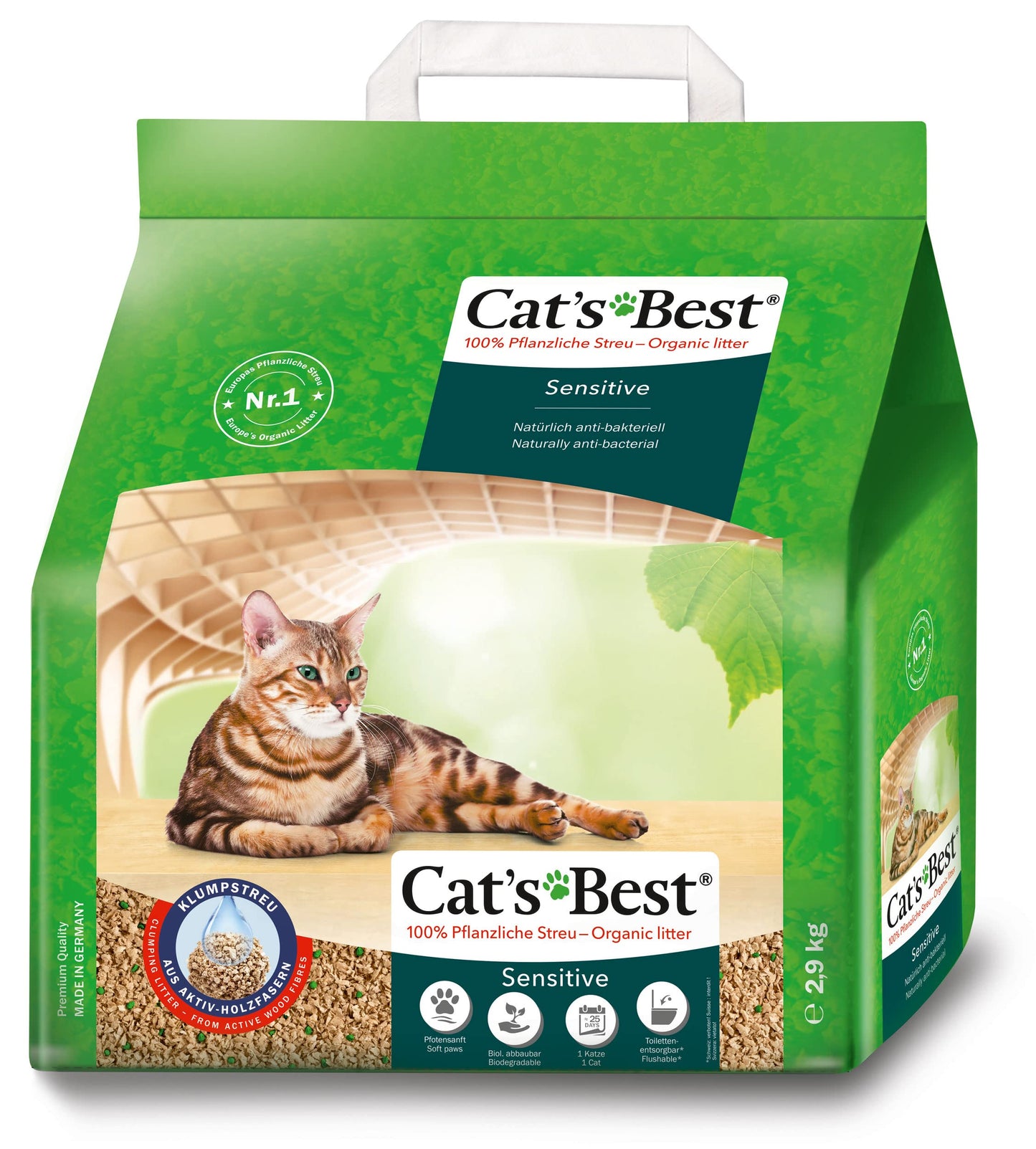 Kaķu pakaiši Cat's Best Sensitive, 100 % augu izcelsmes, stingri salipstoši un antibakteriāli no attīrītām aktivētām koksnes šķiedrām, īpaši jutīgām kaķēm, 2,9 kg/8 l