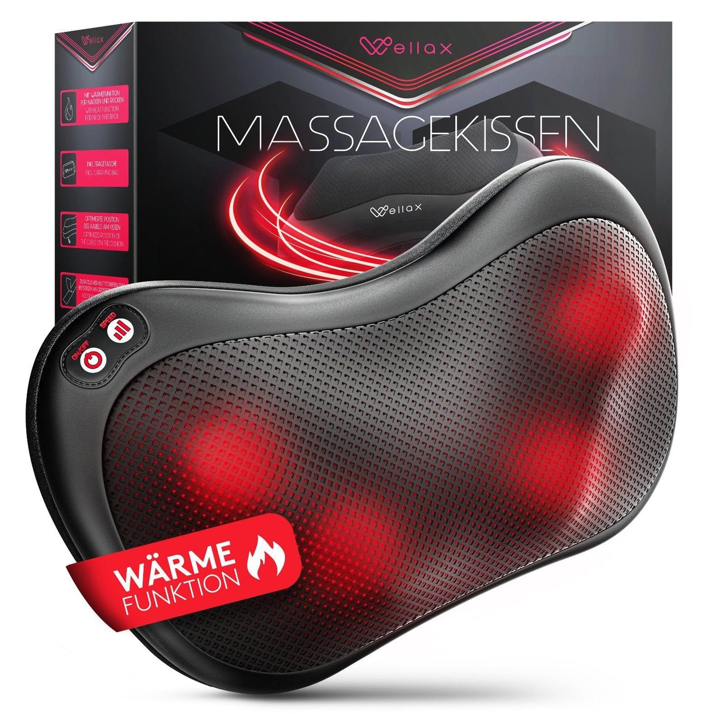 Kakla un muguras masāžas spilvens Wellax ar sildīšanu un 360° rotāciju – Shiatsu masāža, 3 ātrumi, pagarināma siksna, melns