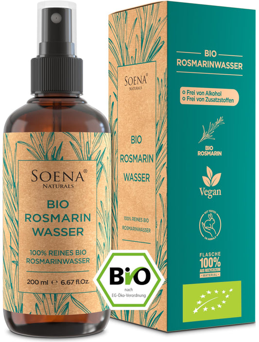 Bioloģisks rozmarīna ūdens 200 ml | Soena Naturals | 100% tīrs, bio sertificēts sejas toniks sejai, ķermenim un matiem