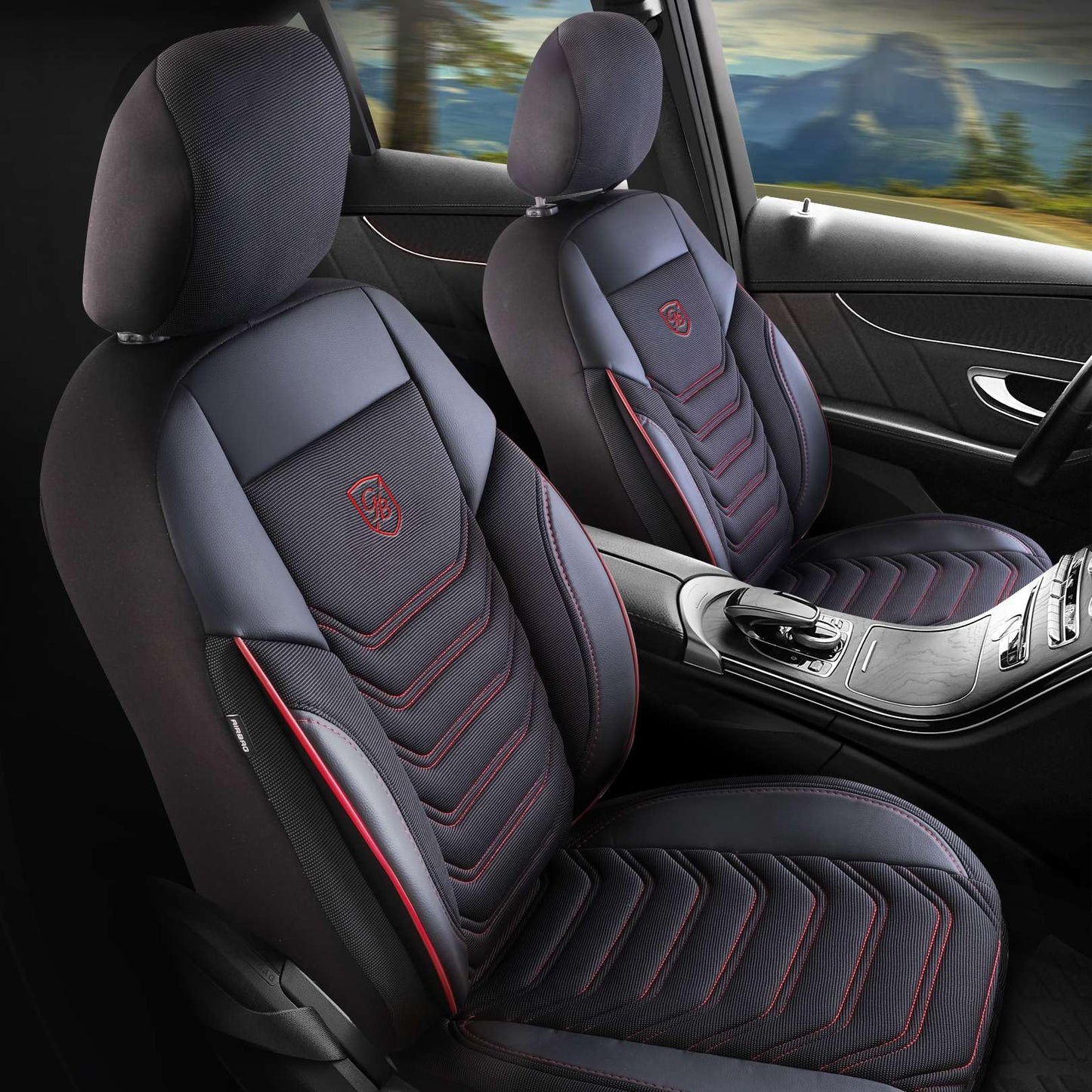 Auto sēdekļu pārvalki GIOVANNI BUTTI universāli vieglajām automašīnām un SUV - premium priekšējo sēdekļu pārvalki no pikē auduma, melni/sarkani, ar drošības spilvenu saderīgi, priekšējo sēdekļu komplekts ar montāžas komplektu