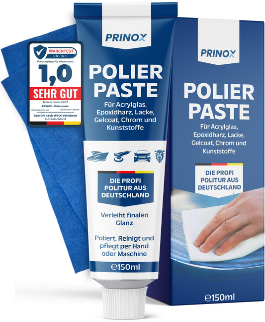 PRINOX 150ml pulēšanas pasta ar profesionālu pulēšanas drānu, pulēšanas līdzeklis akrila stiklam, epoksīdam, lakām, gelcoat, GFK, hromam un plastmasai, noņem matējumu un mikro skrāpējumus