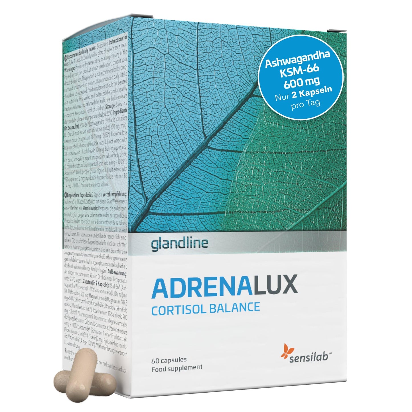 Uztura bagātinātājs Sensilab AdrenaLux ar ashwagandha 600 mg, Rhodiola Rosea, magniju un vitamīniem