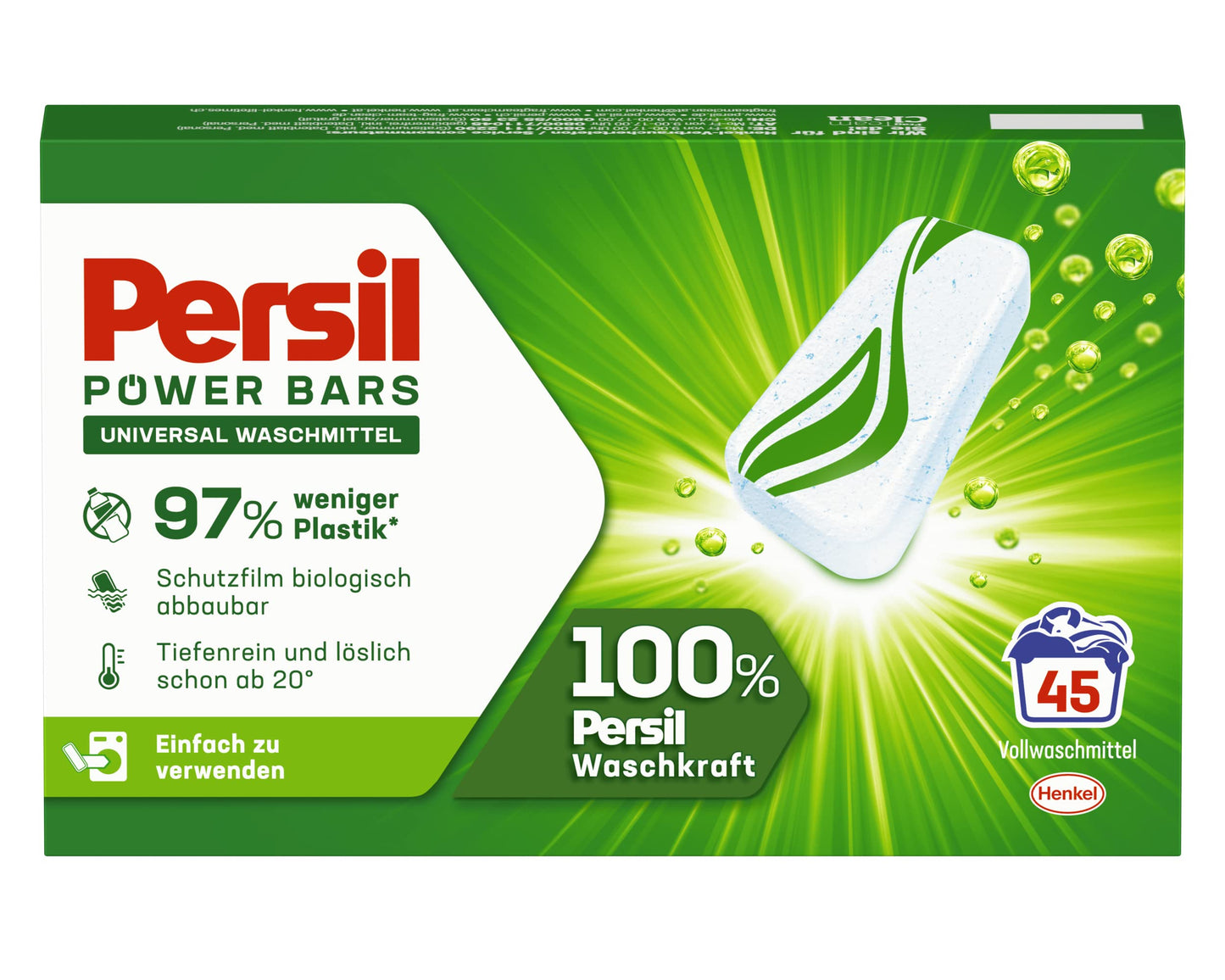 Veļas mazgāšanas līdzeklis Persil Power Bars Universal, 45 mazgāšanas reizēm, iepriekš dozēts universāls veļas mazgāšanas līdzeklis ilgtspējīgā iepakojumā