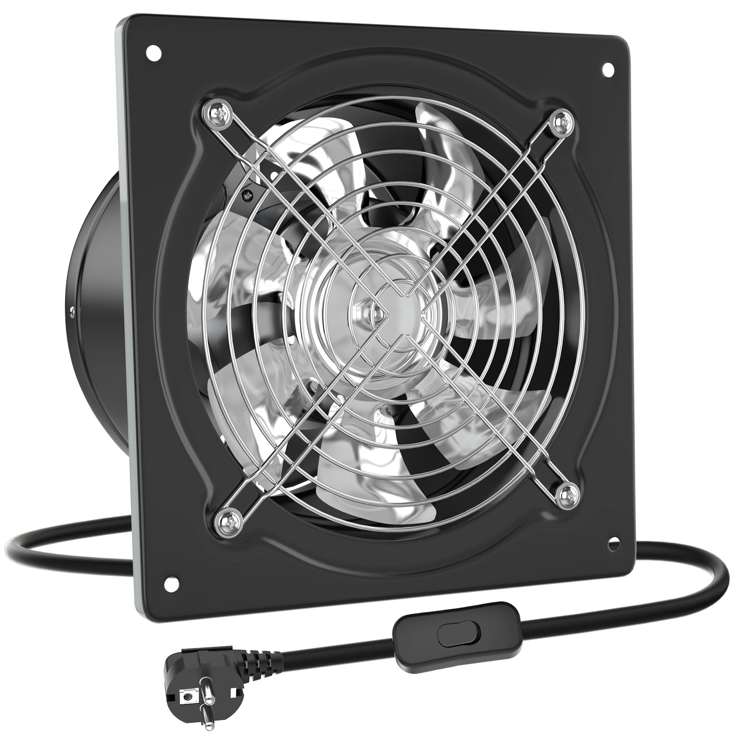 HG Power izplūdes ventilators 200 mm, 980 m³/h vannas istabas ventilators ar atpakaļplūsmas vārstu, jaudīgs metāla sienas ventilators ar ES kontaktdakšu virtuvei, vannas istabai, darbnīcai, garāžai, pagrabam, melns