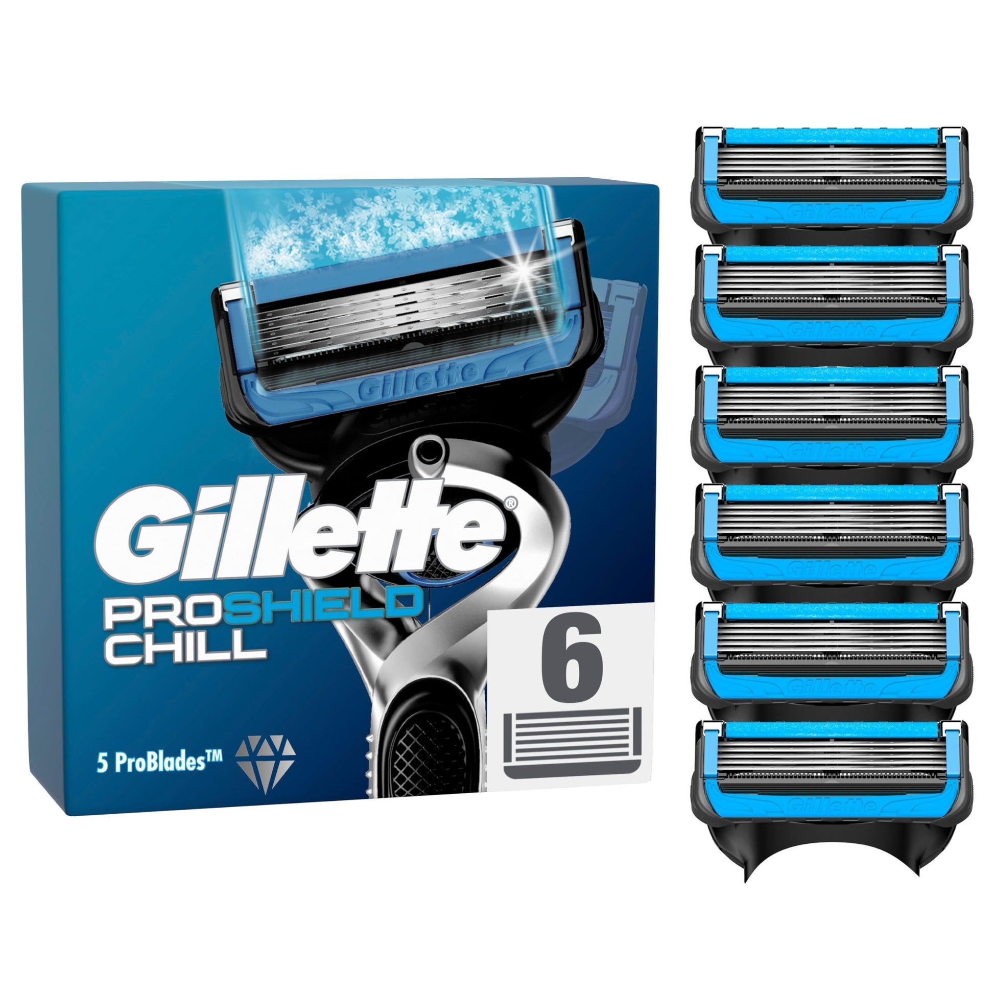 Gillette ProShield Chill skuvekļu asmeņi, 6 oriģinālie rezerves asmeņi mitru skuvekļu vīriešiem ar 5 asmeņiem, dzesēšanas tehnoloģija patīkamai skuvei