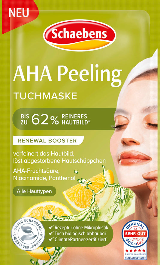 Schaebens AHA pīlinga auduma maska RENEWAL BOOSTER, uzlabo ādas toni, noloba atmirušās ādas šūnas ar AHA augļskābi, niacinamīdu un pantenolu visiem ādas tipiem