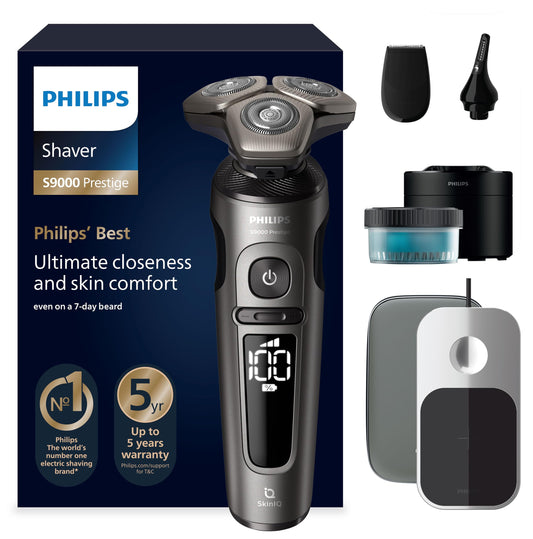 PHILIPS S9000 Prestige skuveklis, elektriskais mitrās un sausās skūšanās skuveklis, zelta, SkinIQ tehnoloģija, ceļojumu soma, Qi uzlādes paliktnis, precizitātes trimmeris, deguna matu trimmeris un tīrīšanas stacija, modelis SP9882/36