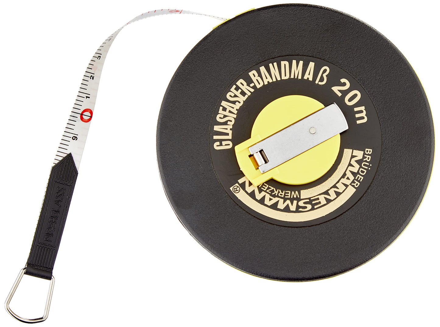 Mērlente Brüder Mannesmann 20 m no stiklšķiedras ar kloķa tinumu, precīzs rokas instruments ar 22,5 mm platumu un sviras fiksāciju, izturīga būvniecībai un mājas darbiem, 1 gab. | M 807-20
